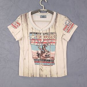 Vanila Sugar Top T-Shirt Women Sz M Short Sleeve Henley Rodeo Champion Cowgirl